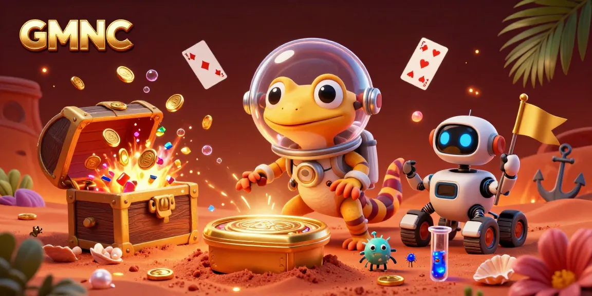 Experience the vibrant world of GMNC with the Martian gecko uncovering a buried golden casino in an adventurous scene.