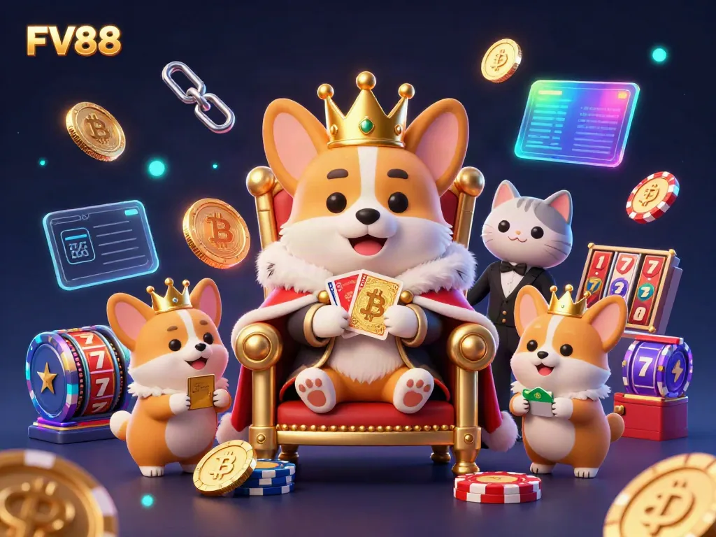 Experience thrilling gambling action with FV88 in a vibrant, cartoonish casino setting.