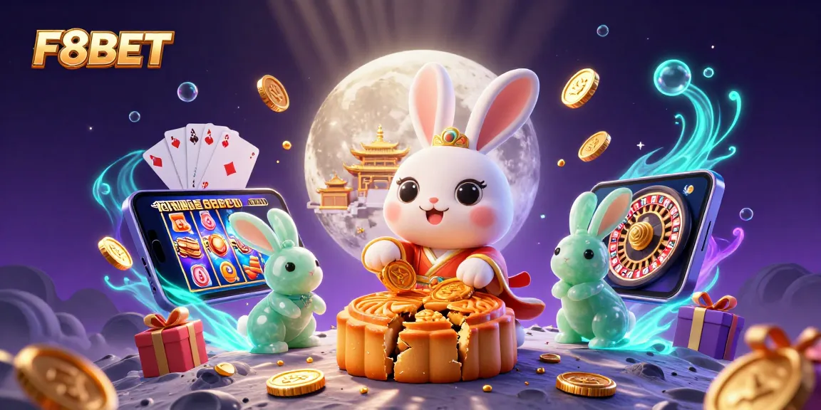 Experience F8BET's vibrant gaming world with moon rabbits and casino treasures.