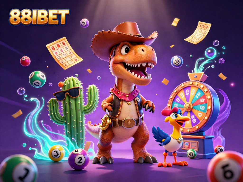 Engage with 88IBET's vibrant lottery scene featuring cartoon dinosaur and cactus alongside dynamic game elements.
