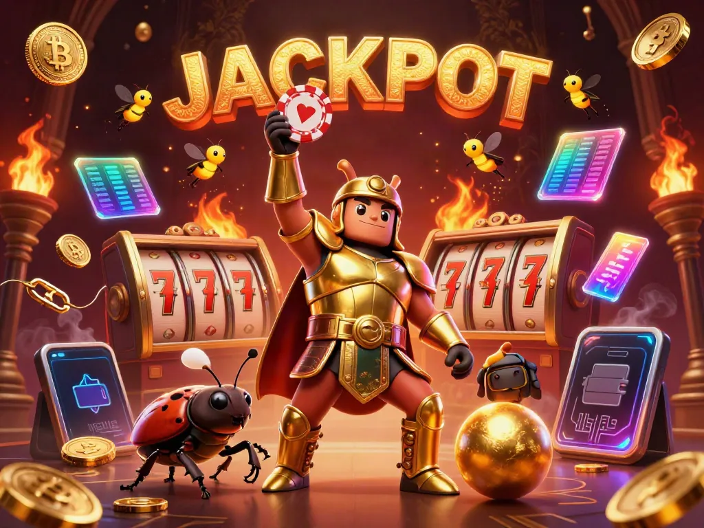 Celebrate your wins with 8S as a triumphant beetle lifts a poker chip surrounded by jackpot symbols.
