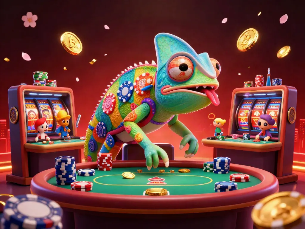 Engage with 9bet casino features through a vibrant chameleon owner surrounded by dynamic gaming elements.