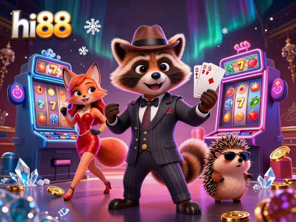 Engage in high-stake games with hi88 featuring raccoon and fox in a lively casino scene.