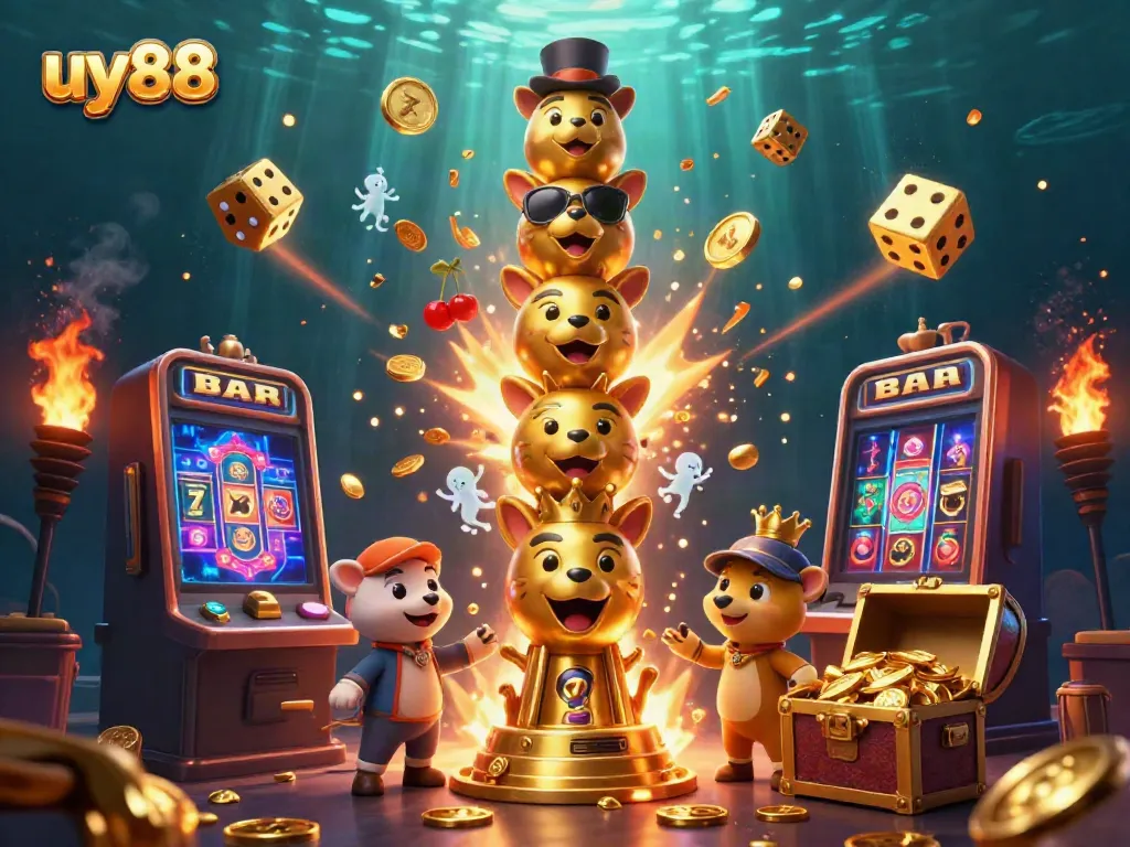 Experience excitement at uy88 with vibrant 3D illustration featuring a golden totem and slots.