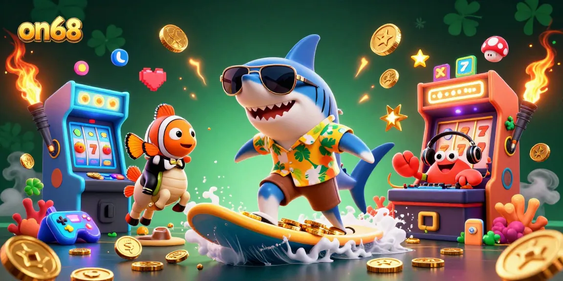 Join the on68 gaming adventure with a shark surfing gold coins amidst vibrant arcade thrills.