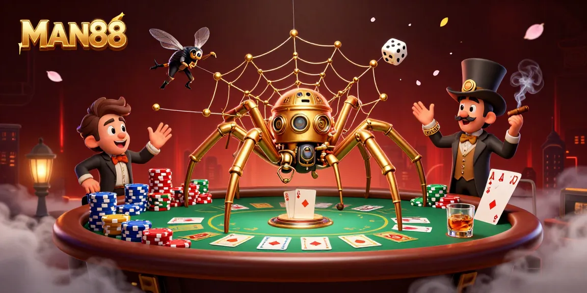 Catch the thrilling action at MAN88 with a steampunk spider ensnaring dice among poker chips.