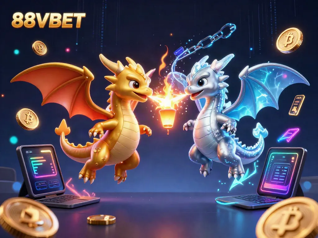 Engage with exciting games at 88VBET, featuring epic dragons and neon crypto elements in a vibrant casino-themed scene.