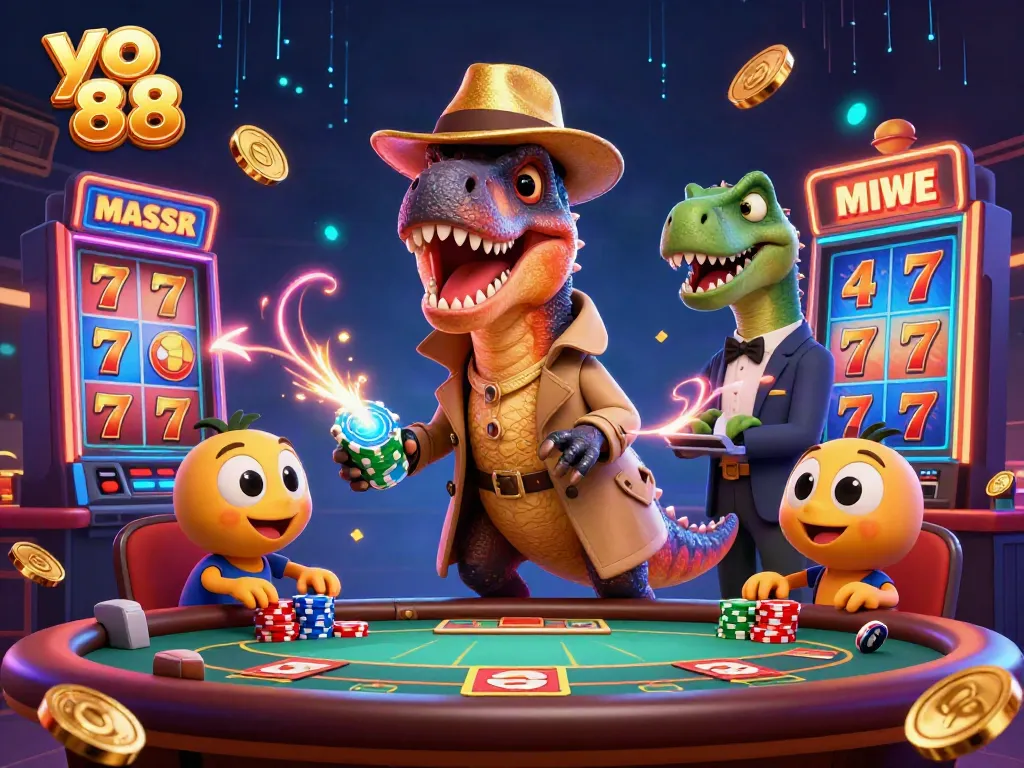 Experience spirited gaming action with yo 88 as a velociraptor secretly counts cards at a blackjack table.