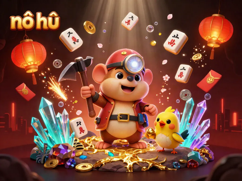 Experience nổ hũ thrills with vibrant graphics showcasing a treasure hunter mole uncovering gems amidst floating casino elements.