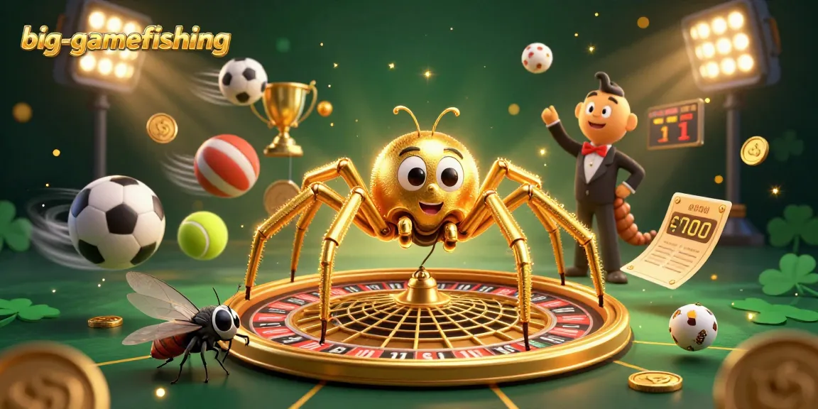Engage in big-gamefishing betting with a lively scene of a spider spinning a roulette-like web.