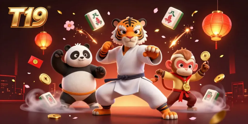 T19 showcases a dynamic scene with a kung fu tiger, panda disciple, and monkey, surrounded by casino-themed elements like mahjong tiles.