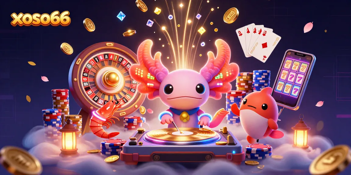 xoso66's vibrant casino scene showcases a neon axolotl DJ spinning records amid a flurry of dynamic gambling elements.