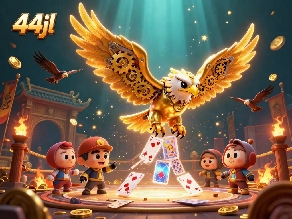 Engage with 44jl's thrilling gaming world, featuring a cybernetic eagle amidst holographic cards and gold coins.