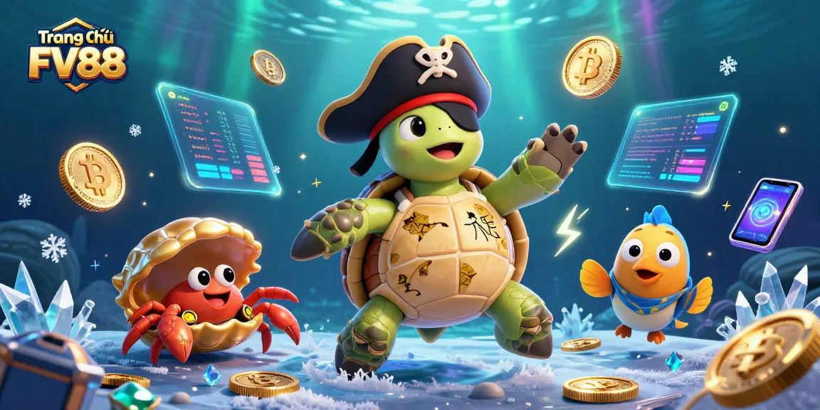 Engage with the vibrant world of gaming at Trang Chủ FV88 with colorful characters surrounded by crypto coins and treasure elements.