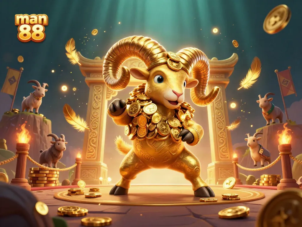 Experience the excitement of man 88 with a dynamic casino-themed illustration featuring a golden ram amidst rich gaming elements.