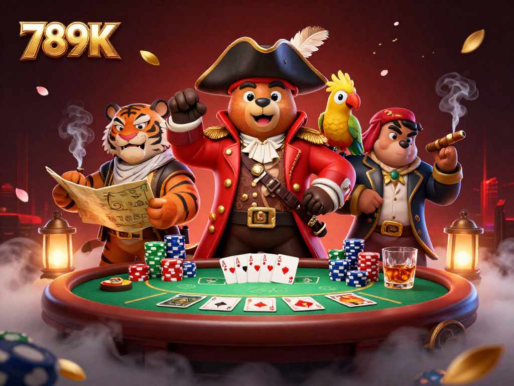 Engage in thrilling poker action with 789K's vibrant illustration of a pirate bear, tiger mate, and parrot.
