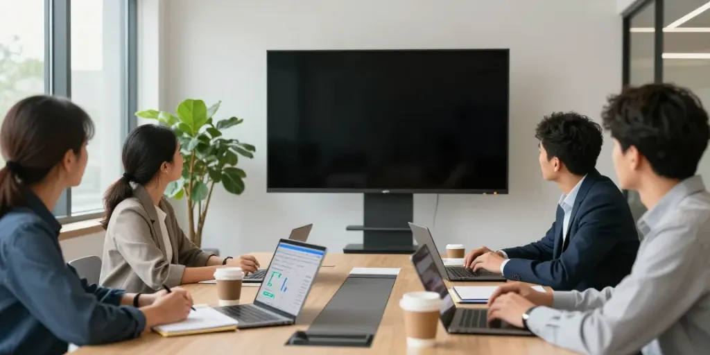 A diverse team in a modern office discussing AI receptionist features and benefits.