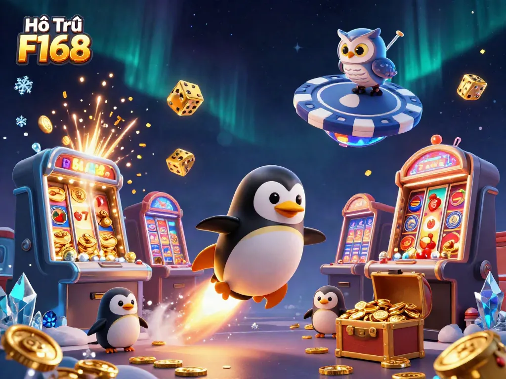 Engaging 3D illustration showcasing Hỗ Trợ F168 with lively casino visuals and a golden penguin navigating through space.