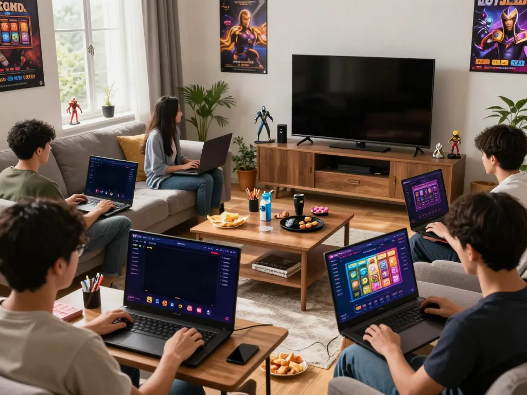 DewaTogel players enjoying interactive online gaming in a lively living room.