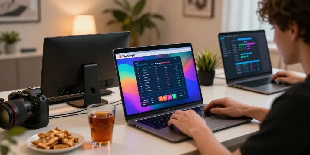 Dewatogel online betting experience with a player engaged on a laptop showcasing vibrant charts and notifications.
