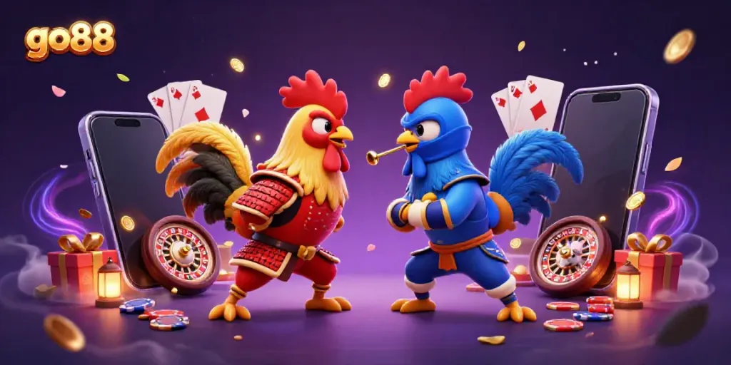 Engaging scene with roosters in armor showcasing go88 slot games and casino elements amidst vibrant decorations.