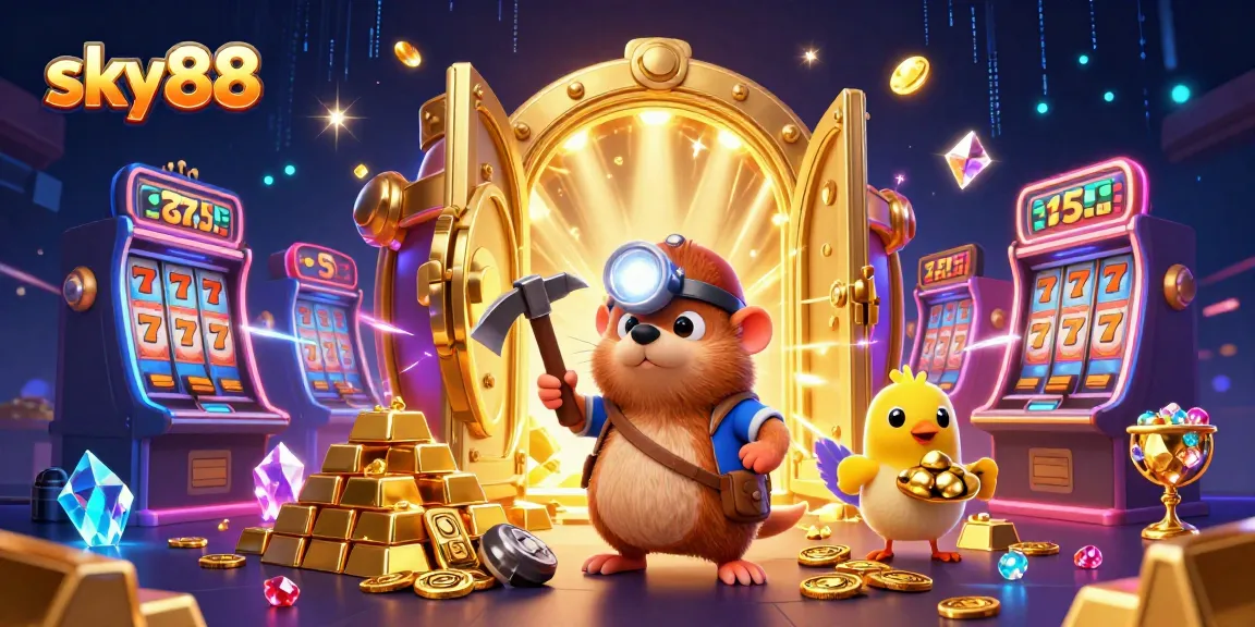 Experience thrilling wins at sky88 with a 3D casino mole and golden treasures in a vibrant atmosphere.