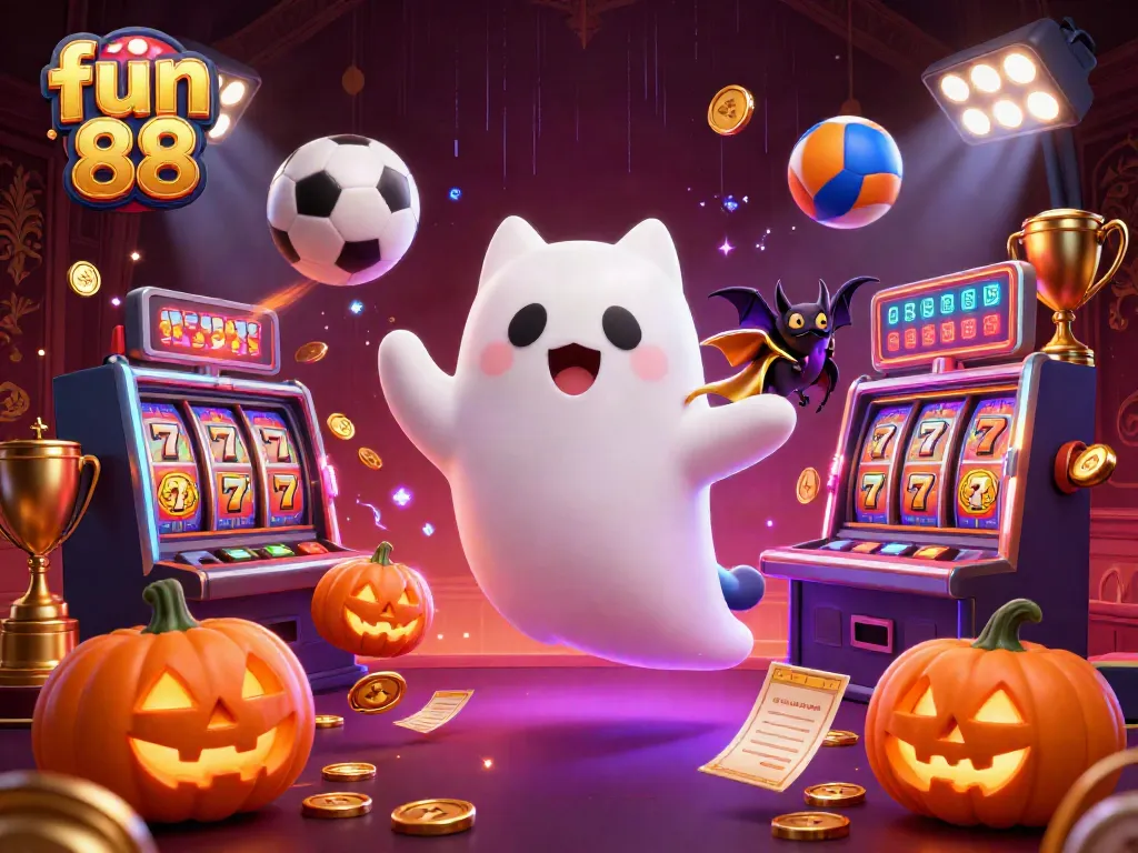 Engage with fun 88 at a dynamic casino scene featuring a ghost cat and vampire bat amidst glowing slot reels.