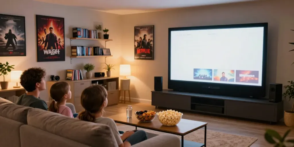 Cozy home theater scene with family enjoying Streaming Netflix Gratis on a large screen.