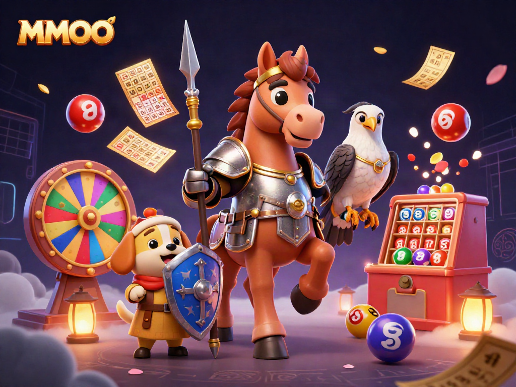 Win big with MMOO's lively lottery scene featuring knights and exciting game elements.