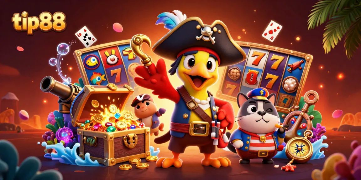 Engage with tip88's dynamic casino-themed illustration showcasing pirate adventure and exciting slot action.