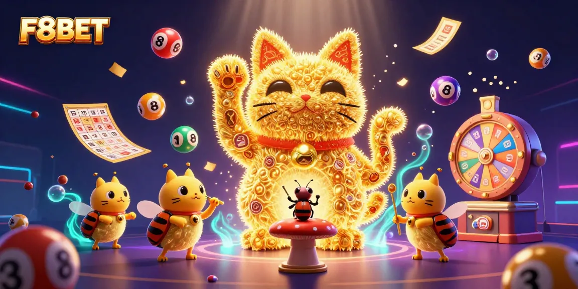 Engage with the F8BET playful lucky cat illustration surrounded by vibrant casino elements.