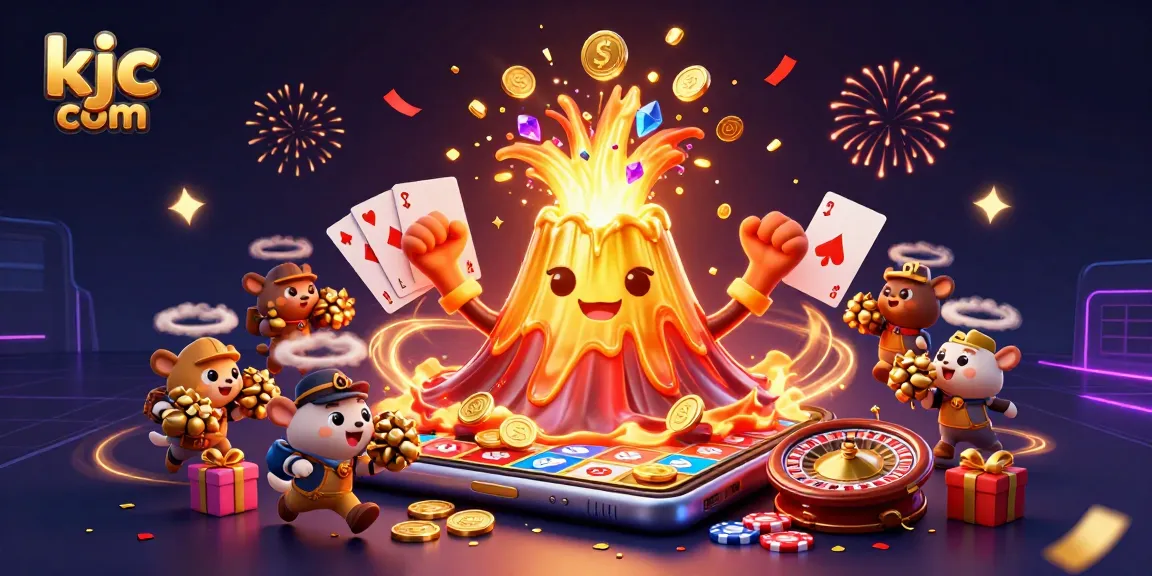 Experience thrilling gaming with kjc com, a vibrant golden volcano erupting treasures and a slot game smartphone.