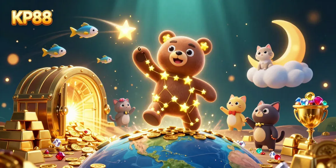 Experience KP88’s vibrant casino world with a celestial bear, coins, and sparkling treasures.