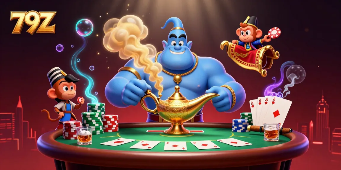 Engage with thrilling 79Z gaming adventures showcased in an ultra-detailed 3D casino illustration featuring animated characters and casino elements.