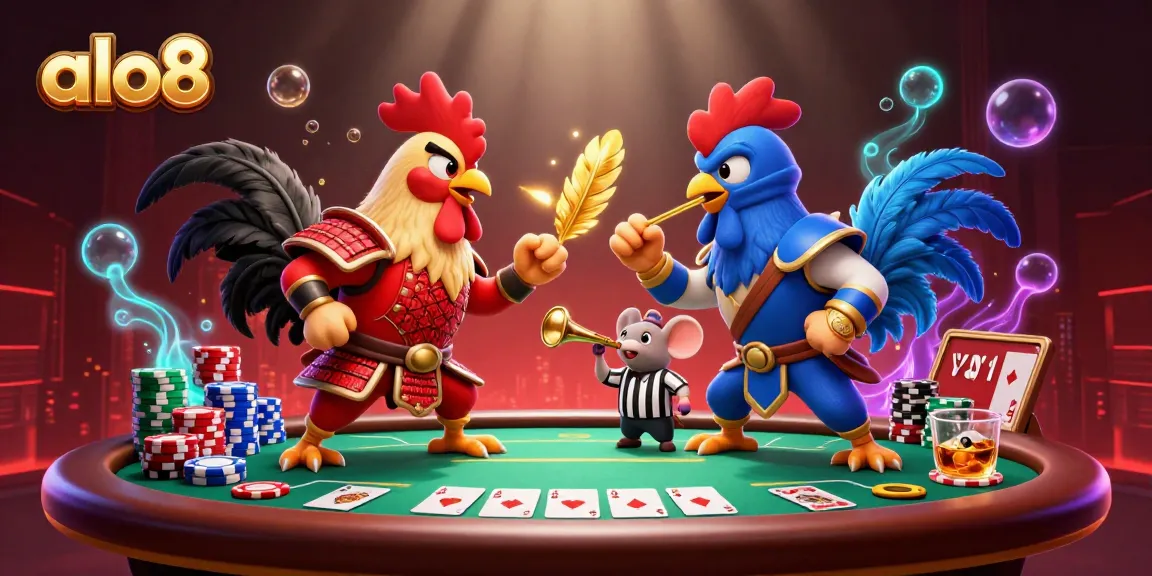 Experience the excitement of alo8 in a dramatic showdown between samurai and ninja roosters at a poker tournament.