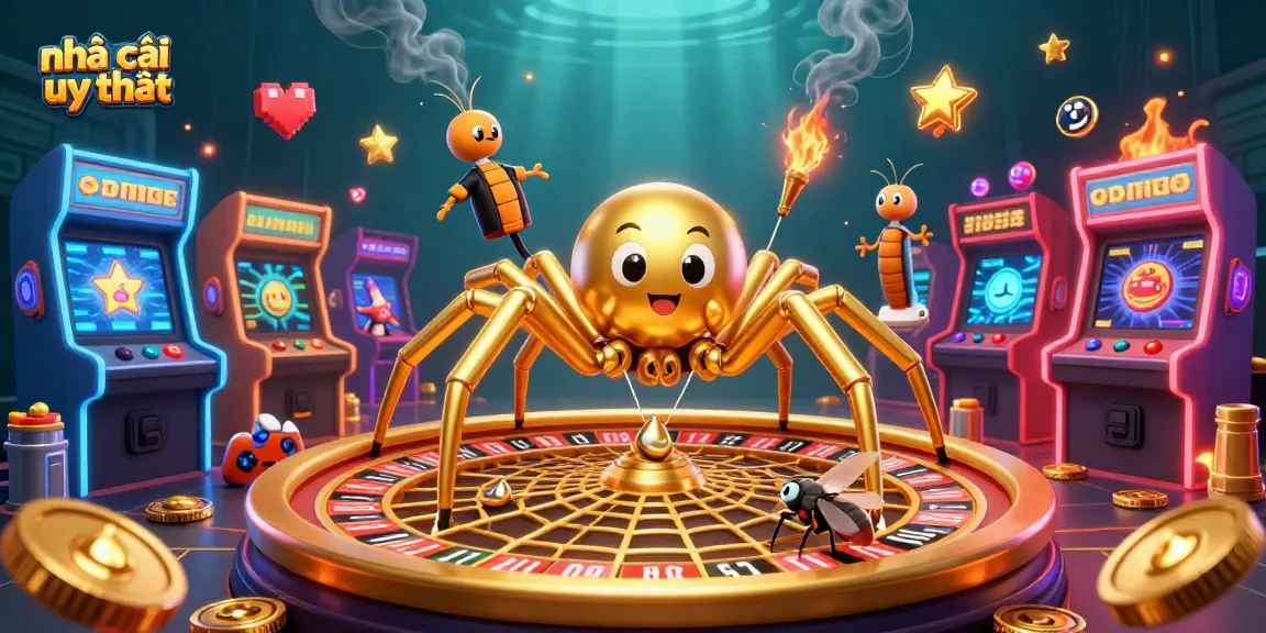 Engage with nhà cái uy tín in this vibrant 3D casino illustration featuring a golden spider and a centipede dealer.