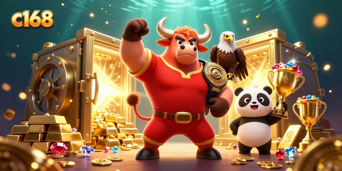 Win big with c168 in this vibrant 3D casino scene featuring a bull mascot and treasure.