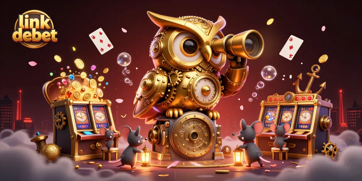Experience the thrill of link debet in a vibrant casino scene with a clockwork owl and animated mouse patrons.