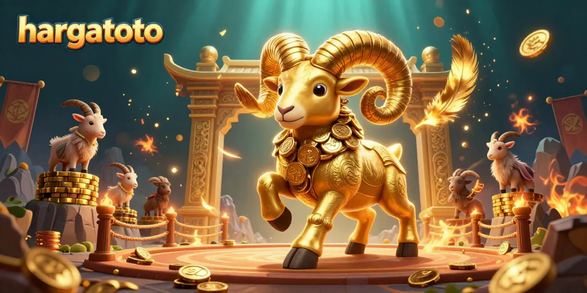 Engage in thrilling HARGATOTO games with a dynamic 3D illustration of a golden ram charging at a casino gate.