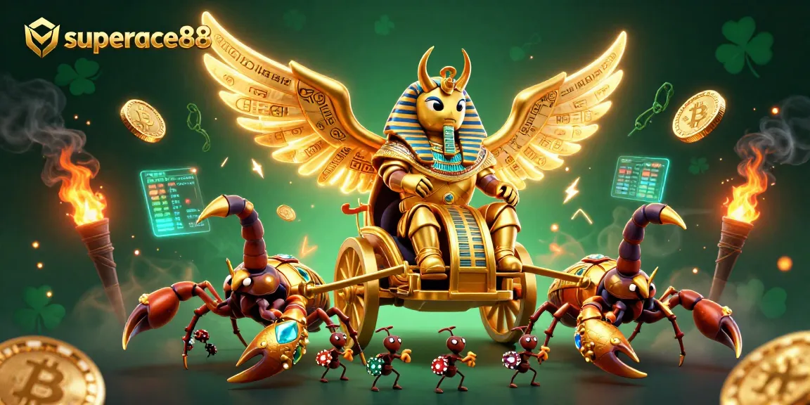 Superace88 showcases thrilling gaming action with a colossal scarab beetle, glimmering with riches.