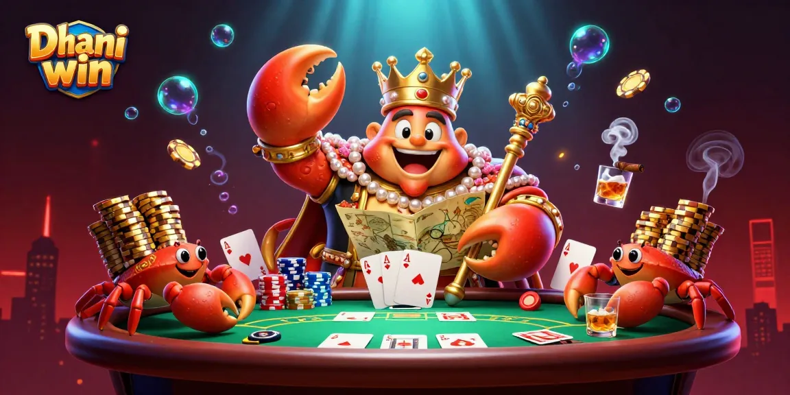 Dive into Dhani win's thrilling gaming experience with vibrant visuals of a golden crab emperor and poker elements.