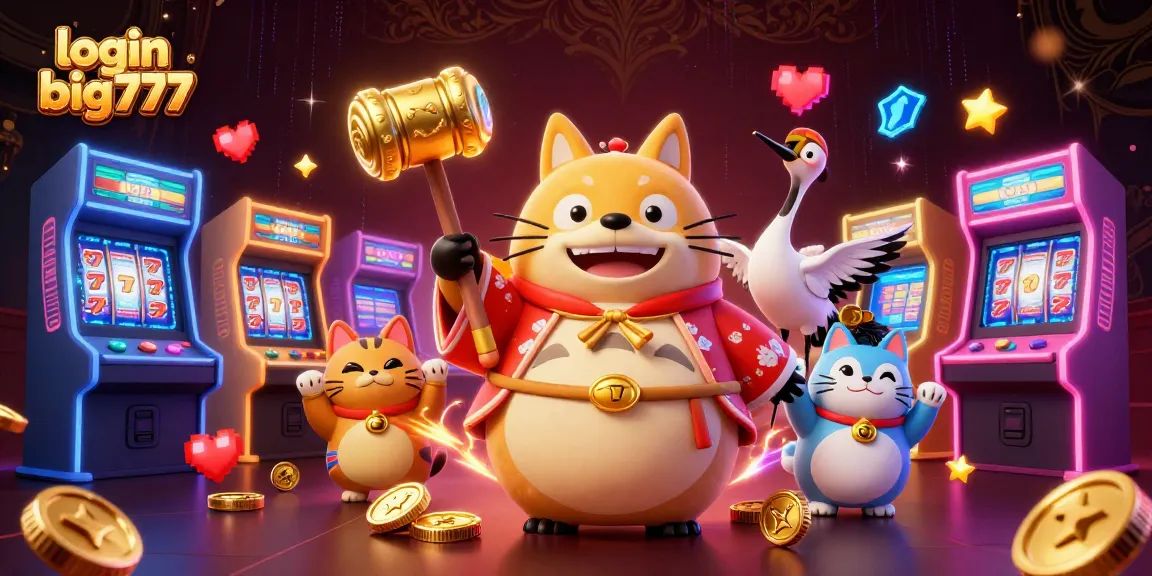 Spin to win with login big777, featuring a cheerful tanuki celebrating amidst dynamic slot game elements.