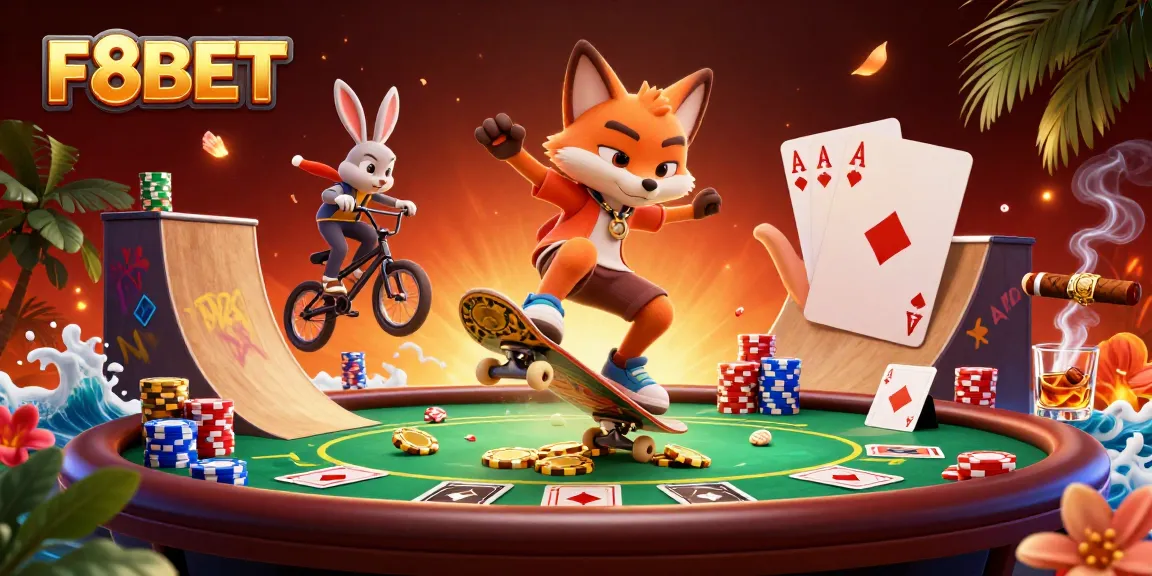 Experience the thrill of F8BET with a vibrant 3D scene of a skateboarder fox and BMX rabbit amidst casino excitement.