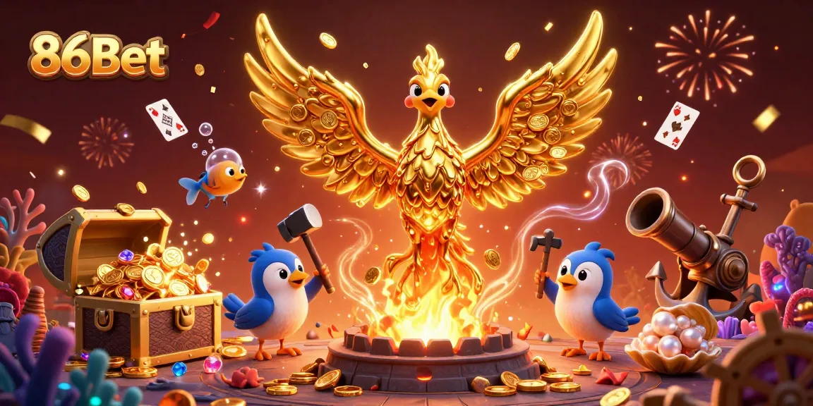 Play thrilling games at 86Bet with a dynamic casino-themed 3D illustration featuring gold coins and cards.