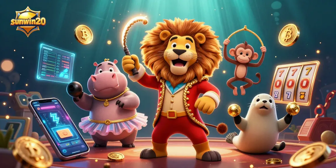 Experience the vibrant world of sunwin20 with 3D characters in a casino setting showcasing slot reels and neon elements.
