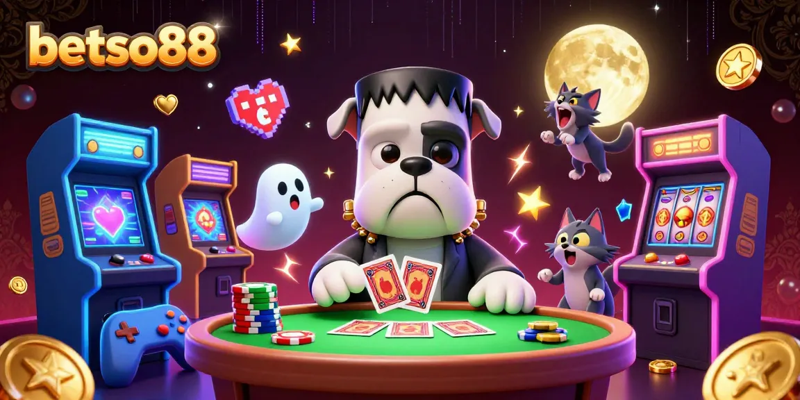 Betso88's thrilling 3D casino illustration featuring a Frankenstein bulldog dealer, a ghost mouse, and a werewolf kitten amidst vibrant gaming machines.