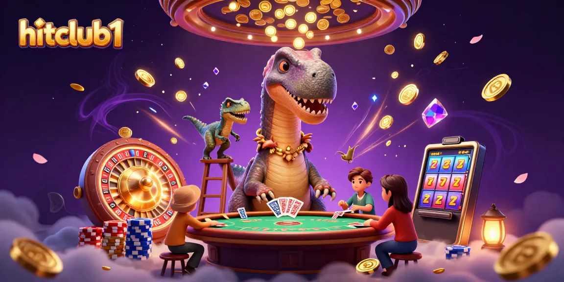 Engage with hitclub1's thrilling casino experience, featuring a giant brontosaurus interacting with cards and golden coins.