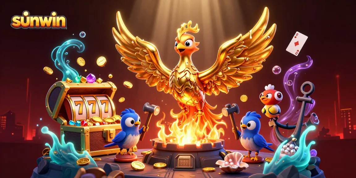 Experience thrilling gameplay with sunwin's vibrant 3D casino scene featuring golden phoenix and slot games.