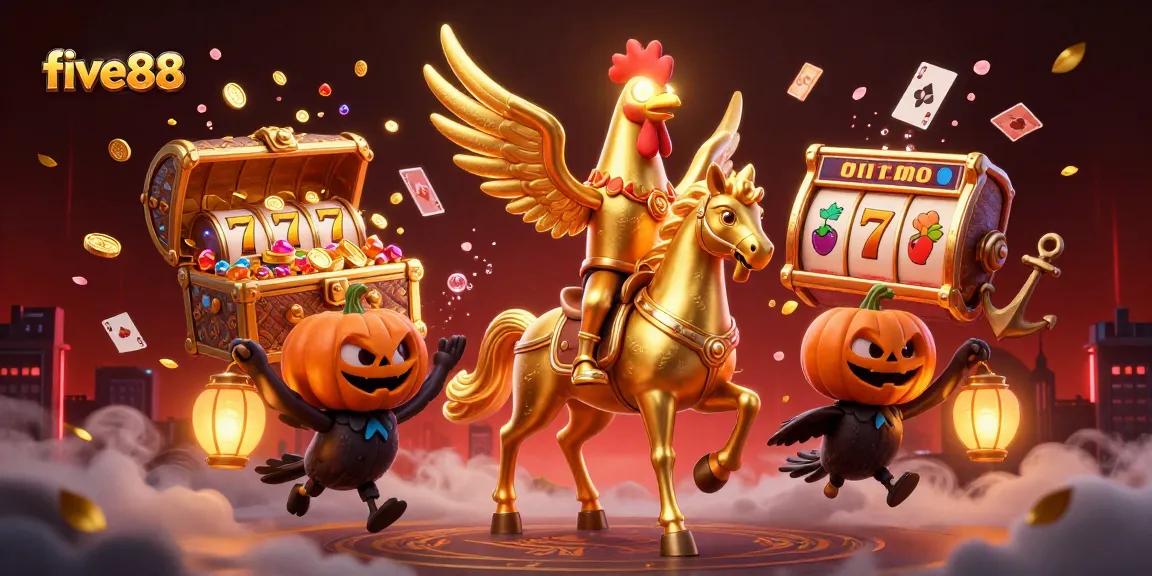 Engage with five88’s vibrant casino scene featuring a golden rooster and thrilling gaming elements.