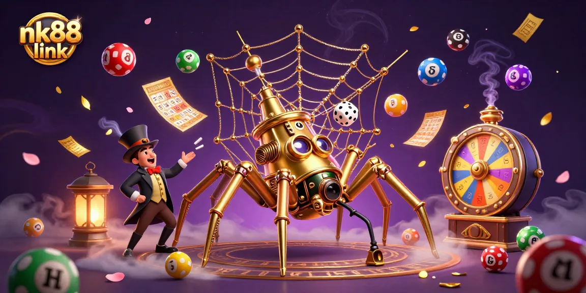 Engage with nk88 link in a vibrant casino scene featuring a steampunk spider and dynamic lottery elements.